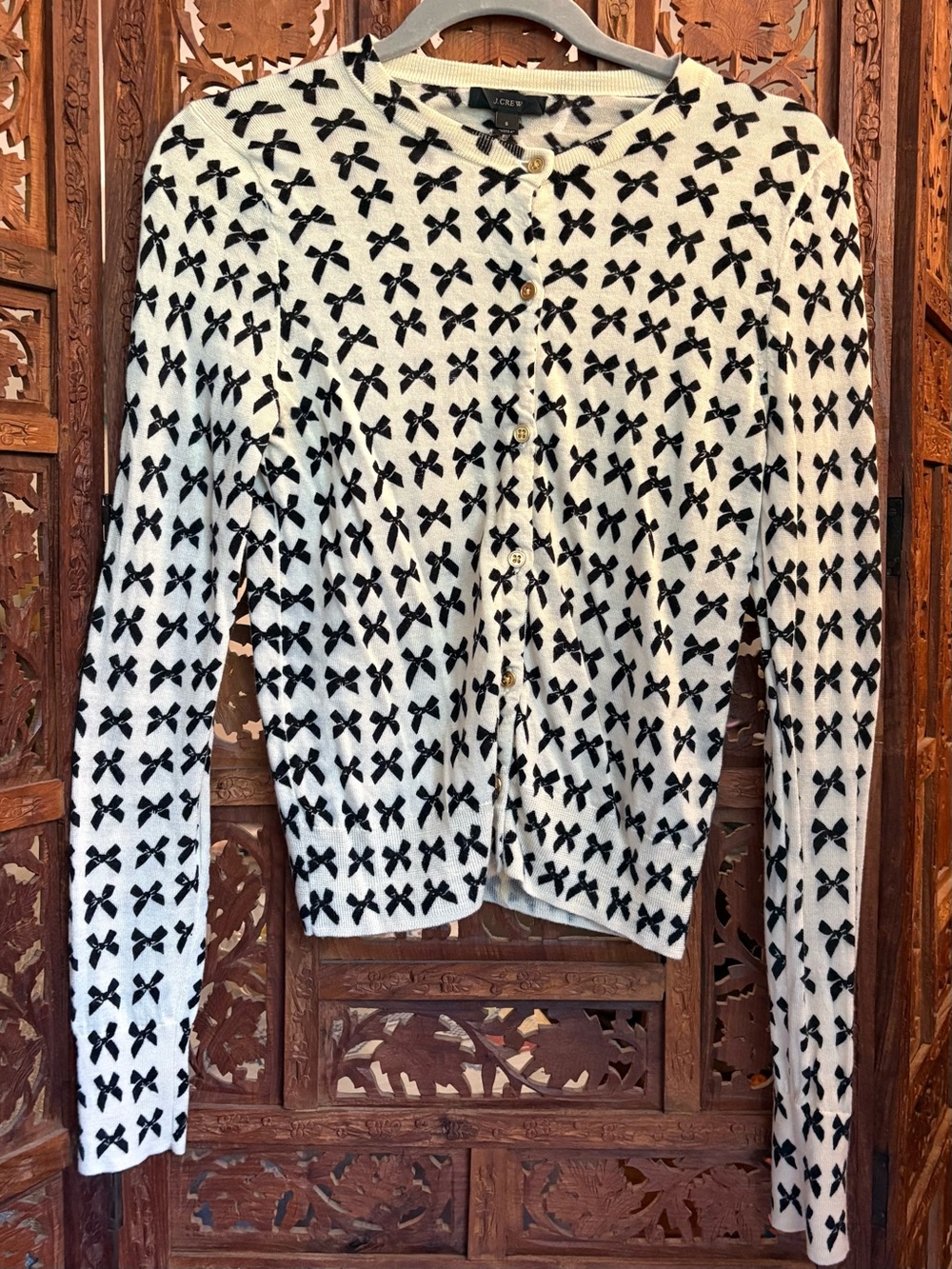 J.Crew Black Bow Print Merino Wool Cardigan Size Small lightweight wool cardigan